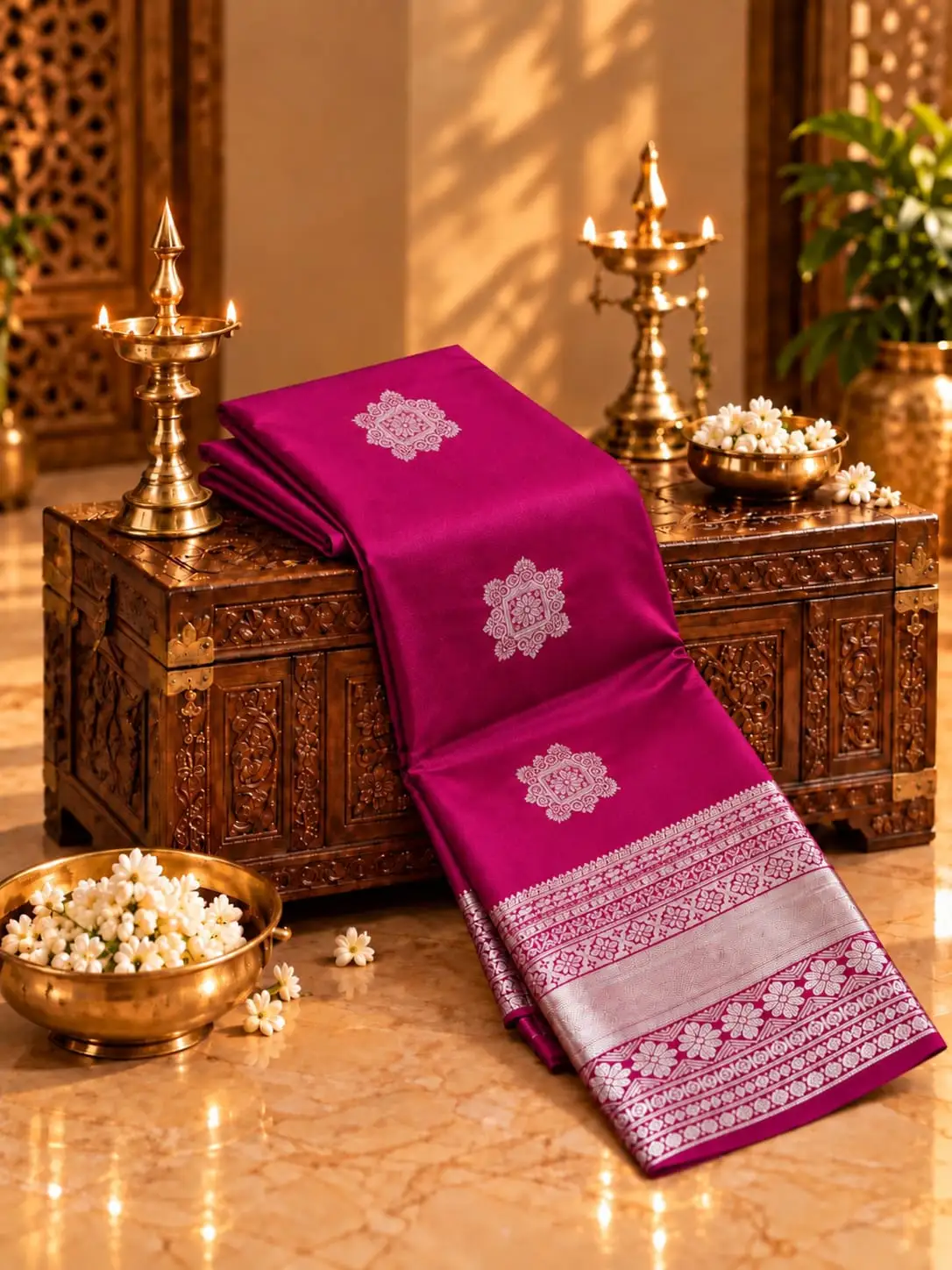 Floral Medallion Zari Border Soft Silk Saree
